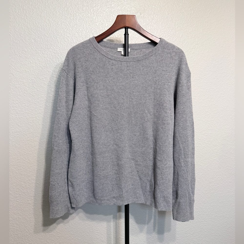 Garnet Hill 100% Cashmere Ribbed Gray Knit Crewneck Sweater - Women’s Large